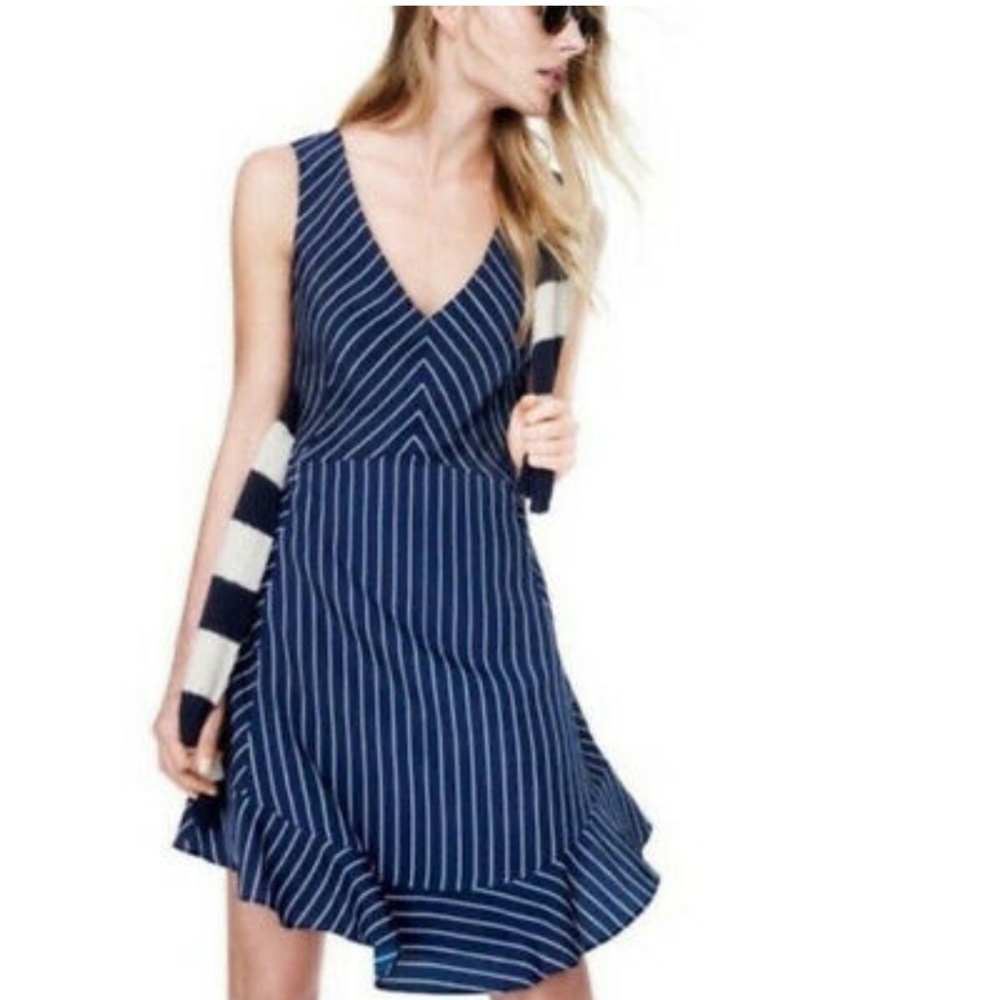 J. Crew Navy and White Pinstripe V‑Neck Midi Dress